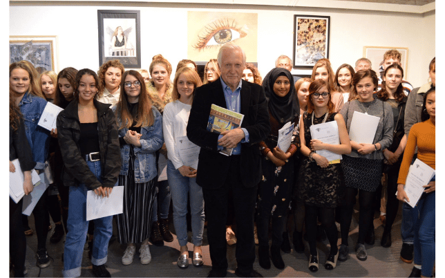 David Dimbleby with exhibitors in Farley Arts Awards Exhibition 2017